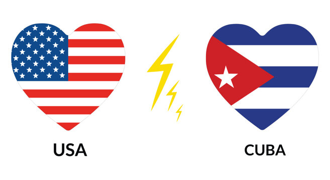 United States and Cuba Flags in Heart Shapes with Lightning Symbol White Background