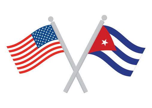 United States and Cuba Flags Crossed on Poles with Waving Banners