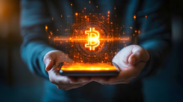 A young investor holding a smartphone with a glowing digital currency and smart bank hologram, future fintech solutions, clean bright minimalist background, cinematic backlight