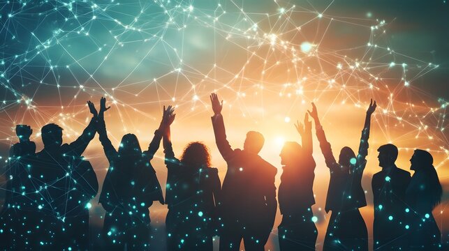 Silhouettes of international business leaders cheering together, abstract light nodes and connection data waves crossing the scene, human resources and global hiring theme, professional look