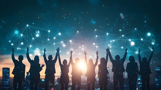 Silhouettes of international business leaders cheering together, abstract light nodes and connection data waves crossing the scene, human resources and global hiring theme, professional look