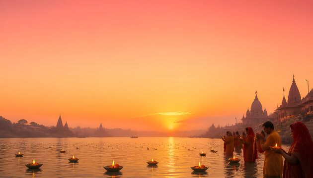 Devotees worshiping the sun god at sunrise during chhath puja ritual by the river with sun worship