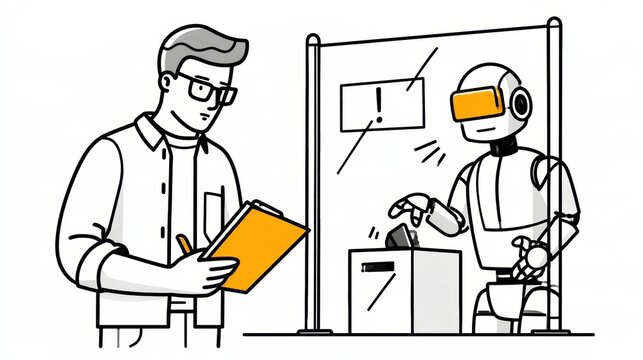 An engineer reviews the performance of a workplace AI robot that makes an error before employees can operate it.