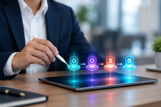 Businessman interacting with digital hologram displaying sequential business process steps.
