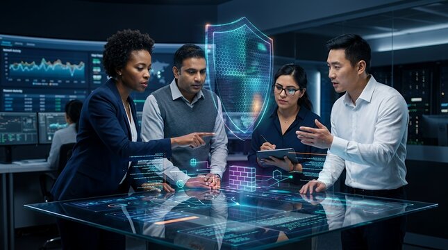 Diverse Professional Team Discussing Cybersecurity Defense Strategy Using Advanced Holographic Data