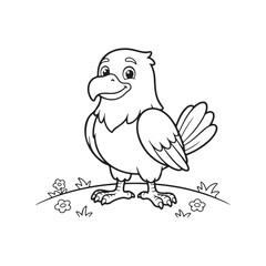 Fototapeta premium Cute Cartoon Bird Standing on Grass, Simple Black and White Line Art Illustration