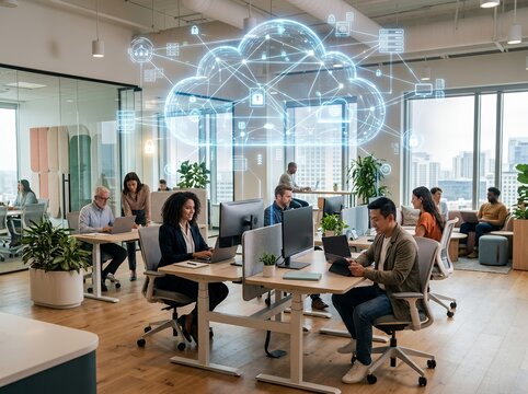 A diverse group of employees working in a contemporary bright open plan office space featuring a glowing blue digital cloud computing network overlay graphic.