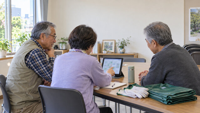 タブレットで地域清掃の予定を調整するシニア三人