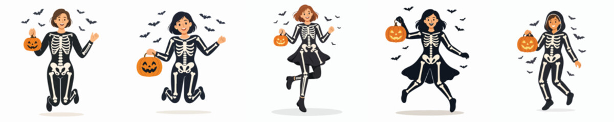Fototapeta premium Vector illustration of a woman jumping happily while celebrating Halloween in a skeleton costume