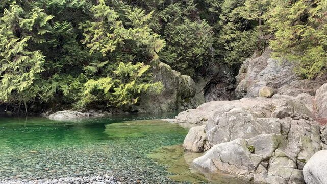 Clear emerald green pool of water surrounded by granite boulders and pine forest at Lynn Canyon in Vancouver, showing a tranquil natural swimming hole.
