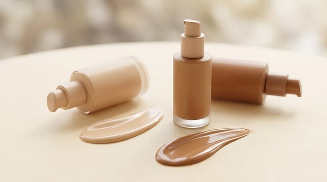 Three liquid foundation makeup bottles with product swatches displayed on a soft beige surface table. makeup foundation duo