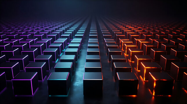 Grid of dark cubes with glowing blue