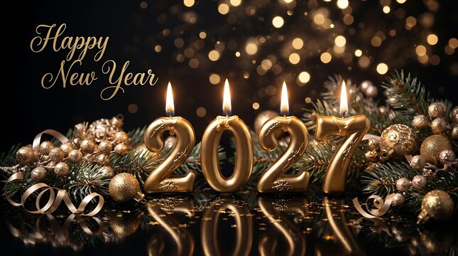 Festive happy new year 2027 greeting scene with gold candles and holiday baubles gold numbers decoration celebration christmas background greeting sparkles atmosphere composition ornaments