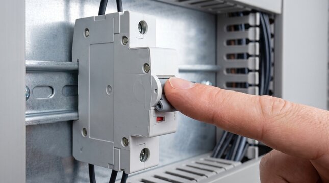 Din rail miniature circuit breaker toggle trip inside electrical cabinet, macro of technician finger flicking polymer switch downward for automation short circuit protection and maintenance