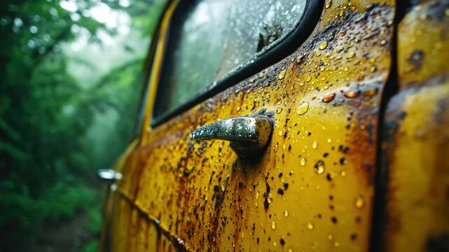 Close-up of a rusty car door and window with raindrops, set against a blurred green forest. The concept of abandonment and aging