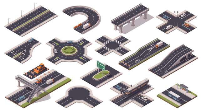 Isometric Road Elements Collection for Urban Infrastructure and Transportation Design.