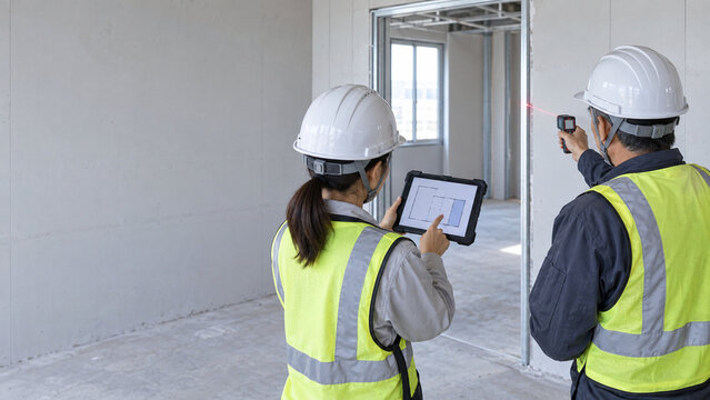 タブレットの図面とレーザー測定器で現場寸法を確認する建設技術者