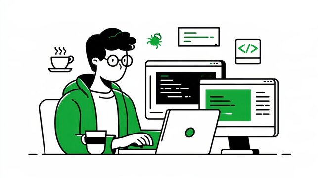 A male developer codes at a desk with multiple screens. There are programming elements, a coffee cup, and a bug icon present.
