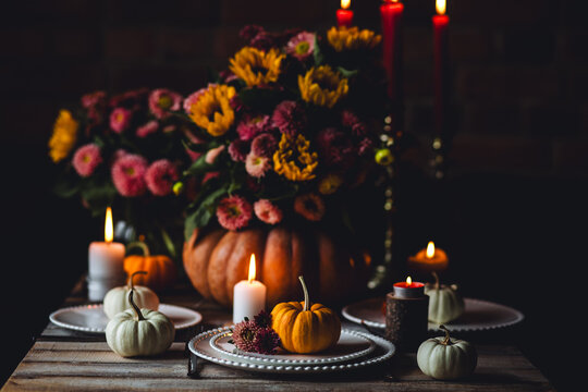 Bright sunflowers centrepiece in pumpkin vase, elegant natural decoration. Cozy festive holiday table decor for home family Thanksgiving dinner. Wooden rustic table, countryside style. Burning candles