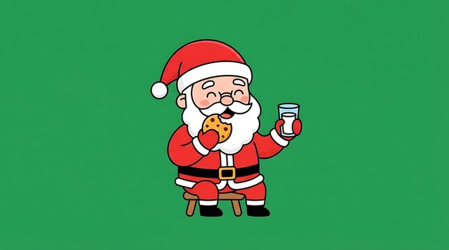 Cute Cartoon Santa Claus Illustration Eating a Chocolate Chip Cookie and Holding a Glass of Milk on Green Background