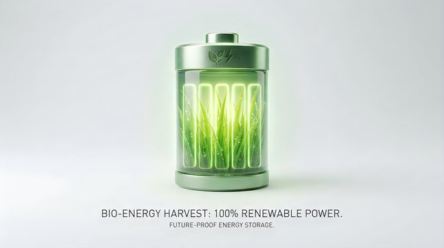 Battery filled with green grass blades for bio energy harvest renewable concept.