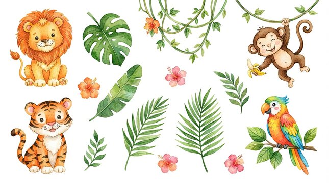 Cute Watercolor Jungle Safari Animals Clipart Set with Baby Lion, Tiger, Monkey, Parrot, Tropical Leaves and Hibiscus Flowers Isolated on White Background for Kids Nursery and Birthday Party