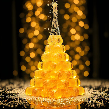 Christmas tree made of golden gel capsules with bokeh lights background.