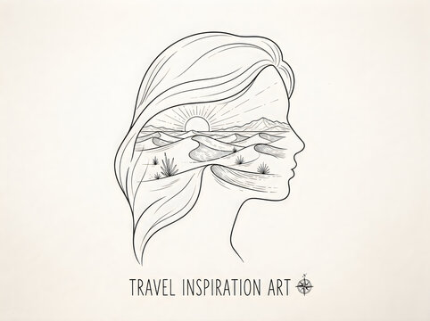 Female profile silhouette with desert dune landscape for travel inspiration art.