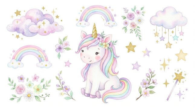 Cute Watercolor Baby Unicorn Clipart Set with Pastel Rainbows, Fluffy Clouds, Golden Stars, Flowers and Magic Wand Isolated on White Background for Nursery, Baby Shower and Birthday Designs