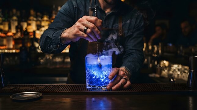 Bartender preparing a vibrant blue cocktail in a sophisticated dimly lit bar setting