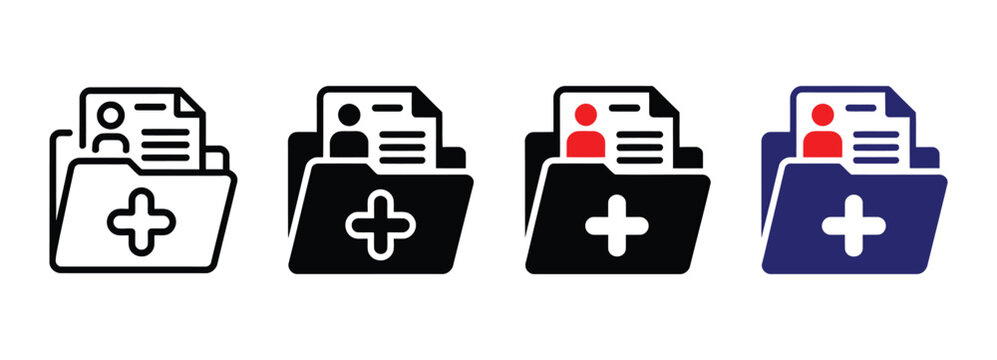 Medical patient record folder icon set, four health information and clinical data file symbols, flat vector graphic styles, healthcare documentation, digital interface design