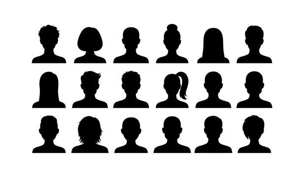 Set of diverse anonymous user profile avatars in silhouette representing variety of people for online platforms and digital identity