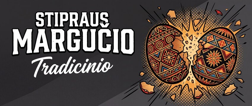 Cracking Easter Eggs Banner Illustration with Explosive Smashing Decorated Eggs for Lithuanian Easter Egg Tapping Game Tradition, Vibrant Comic Pop Art Style Holiday Graphic Background
