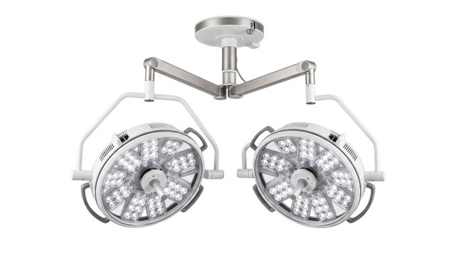 Dual head surgical operating room lights mounted on ceiling arm as PNG asset