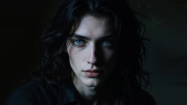 Dramatic Portrait of Young Aristocratic Man with Dark Wavy Hair and Piercing Blue Eyes