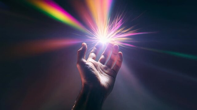 Human Hand Touching Light Beams with Rainbow Refraction