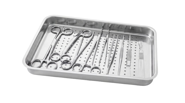 Stainless steel tray filled with surgical instruments and medical as PNG asset