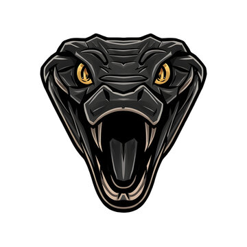 Fierce Snake Head Vector Illustration - Aggressive Black Cobra Viper Mascot and Esports Logo Icon