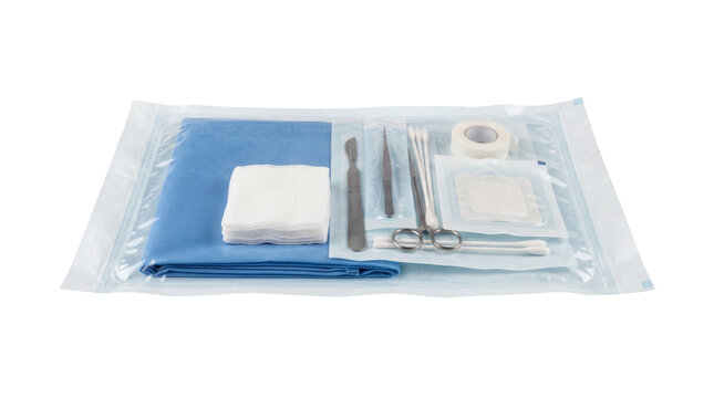 Disposable surgical instrument pack sealed in sterile plastic as isolated PNG