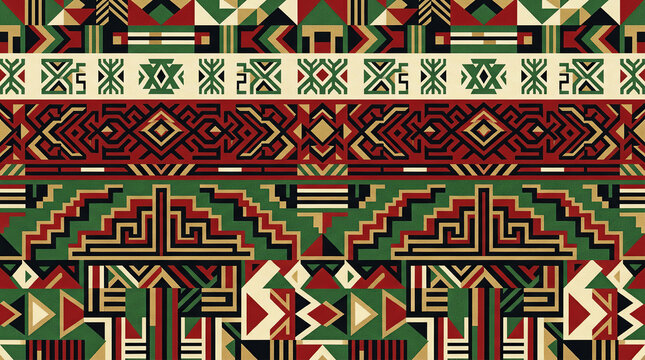 Abstract geometric pattern with intricate ethnic borders for textile and home decor projects.