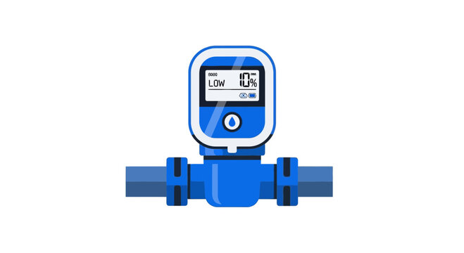 Smart Digital Water Meter Vector Illustration on White Background with LCD Display Showing Low Flow Level and Water Droplet Icon for IoT Utility Monitoring