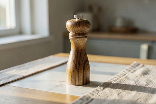 Turned Acacia Wood Salt and Pepper Grinder on Marble Kitchen Countertop