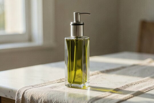 Minimalist Clear Glass Olive Oil Dispenser Bottle on Marble Kitchen Countertop