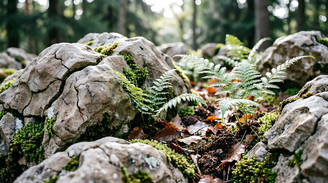 Moss Covering a Weathered Stone in a Lush Green Forest with Ferns, Roots, Leaves, and Natural Woodland Landscape