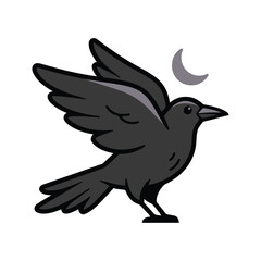 Fototapeta premium Black crow flying with wings spread wide under a small crescent moon on white background