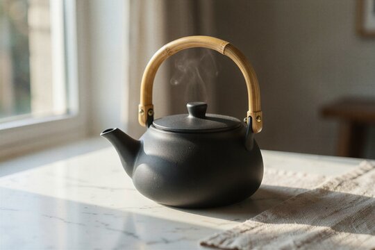 Minimalist Japanese Matte Black Ceramic Teapot with Natural Bamboo Handle