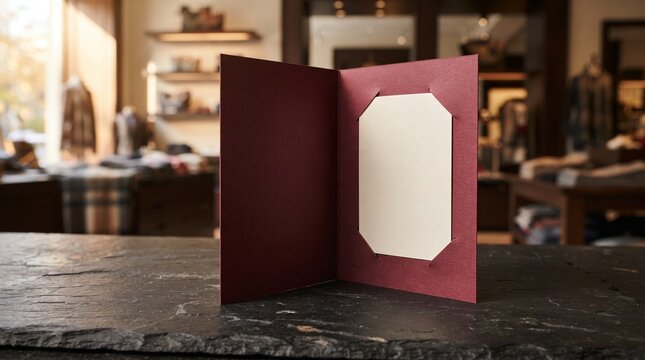 Burgundy paper gift card holder standing open on slate counter in a warm boutique shop