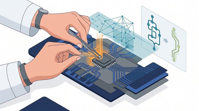 Isometric Digital Illustration Of An Engineer Assembling A Microchip On A PCB
