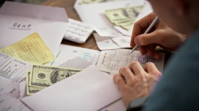 An accountant works at a table, stamping a financial document while dollar bills and envelopes lie nearby, depicting the routine of processing cash payments in a busy office setting