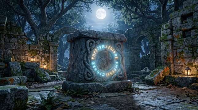 Ancient Stone Altar Adorned with Glowing Runic Symbols in a Mystical Moonlit Forest